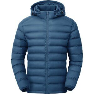Men’s Blue 100% Nylon Hooded Zip-Up Lightweight Warm Winter Puffer Jacket